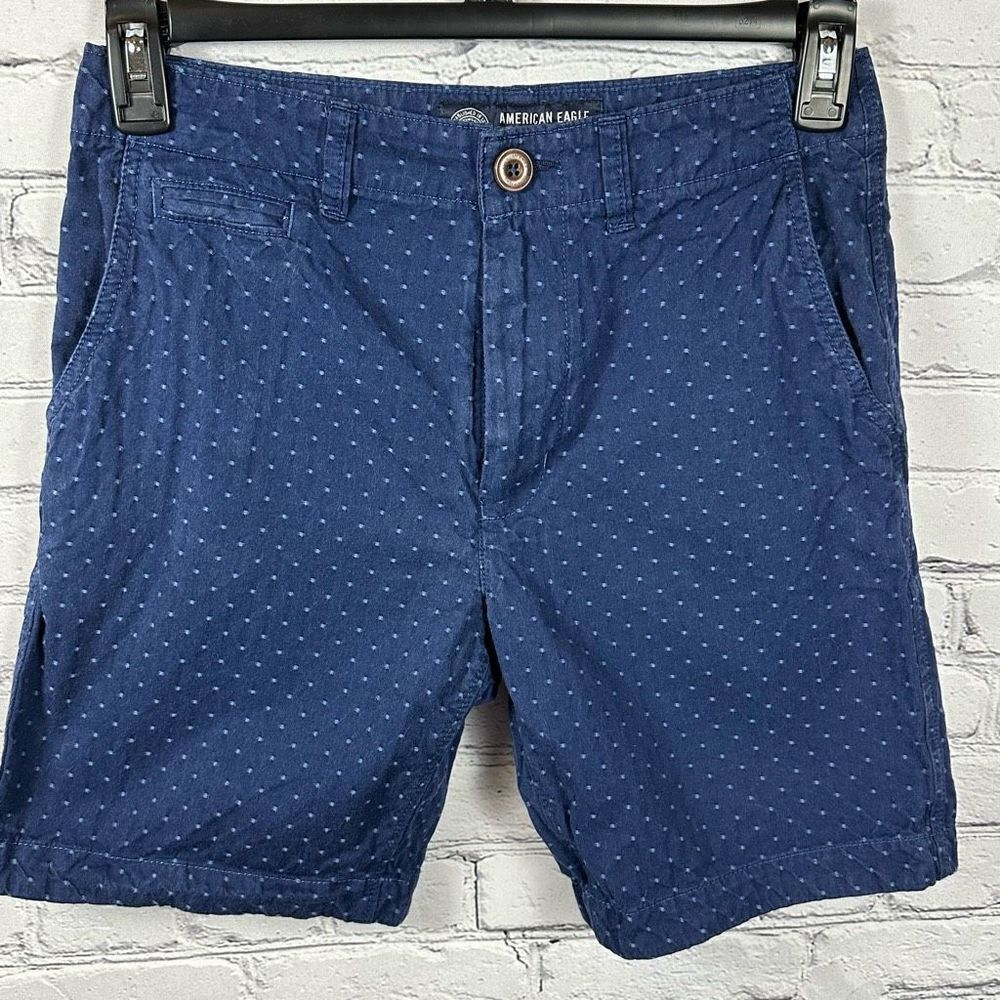 American Eagle Men’s Shorts Flat Front Prep Navy Blue Embroidered Dots 28